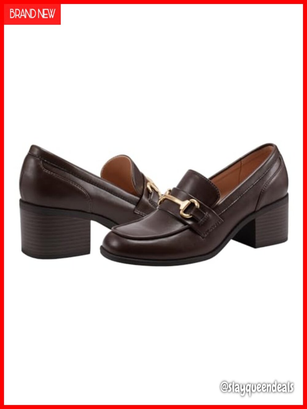 Faux Leather Block Heel Square Toe Loafers with Gold Hardware